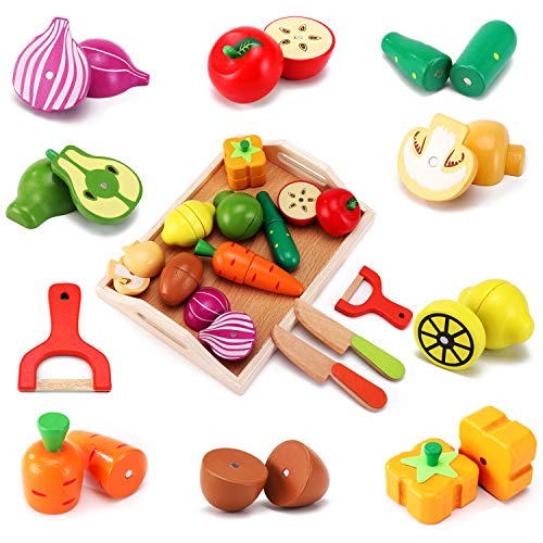 CARLORBO Holzspielzeug Essen für Kinder Küche - Spielen Sie Essen Schneiden von Obst und Gemüse Set für Rollenspiele, Lernspielzeug Geschenk für Kinder Kleinkinder ab 3 Jahren von CARLORBO