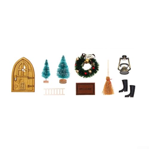 9-teiliges Mini-Puppenhaus-Weihnachtsdekorationsset mit Holztür, Bäumen, Besen, Öllampe, Leiter und Regenstiefeln (9 Mini-Sets) von CARMOTTER