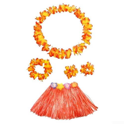 CARMOTTER Festliches Blumen-Kostüm für Kinder mit Hawaii-Gras-Lei-Rock-Ensemble (Orange) von CARMOTTER