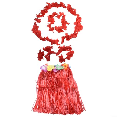 CARMOTTER Festliches Blumen-Kostüm für Kinder mit Hawaii-Gras-Lei-Rock-Ensemble (rot) von CARMOTTER