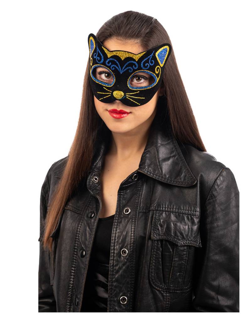 Glitzernde Katzenmaske schwarz-blau-goldfarben von CARNIVAL TOYS