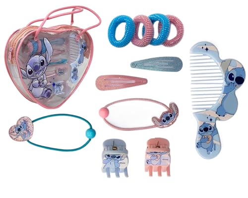 Haar-Accessoires Stitch Disney 11 Stück elastische Haarspangen Kamm Zange mit Tasche in Herzform von CARTOON