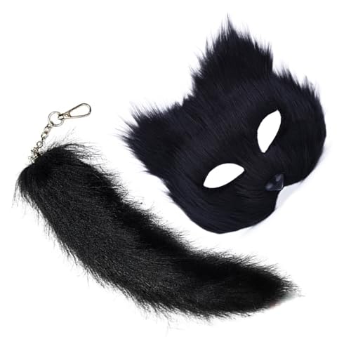 CASNO Kunstpelze Füchse Schwanz Katzen Wolf Maske Halloween Cosplay Kostüm für Mädchen Frauen Therian Maske und Schwanz Set Füchse Maske Schwanz Faux Pelze Füchse Schwanz Katzen Wolf Maske von CASNO