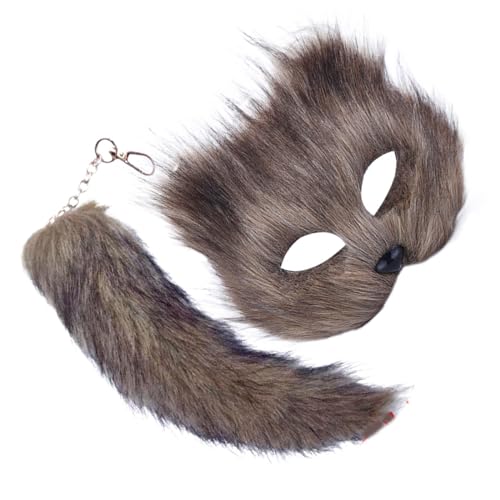 CASNO Kunstpelze Füchse Schwanz Katzen Wolf Maske Halloween Cosplay Kostüm für Mädchen Frauen Therian Maske und Schwanz Set Füchse Maske Schwanz Faux Pelze Füchse Schwanz Katzen Wolf Maske von CASNO