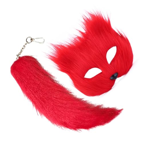 CASNO Kunstpelze Füchse Schwanz Katzen Wolf Maske Halloween Cosplay Kostüm für Mädchen Frauen Therian Maske und Schwanz Set Füchse Maske Schwanz Faux Pelze Füchse Schwanz Katzen Wolf Maske von CASNO