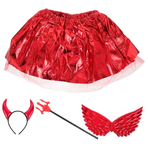 CATIEBYE 1 Satz Halloween Wings Hörner Kopfschmuck Netzrock Rotes Tutu Halloween-dämonenkostüm Teufel Kostüm Halloween-cosplay-stütze Party-teufel-stütze Teufelsgabel Plastik von CATIEBYE