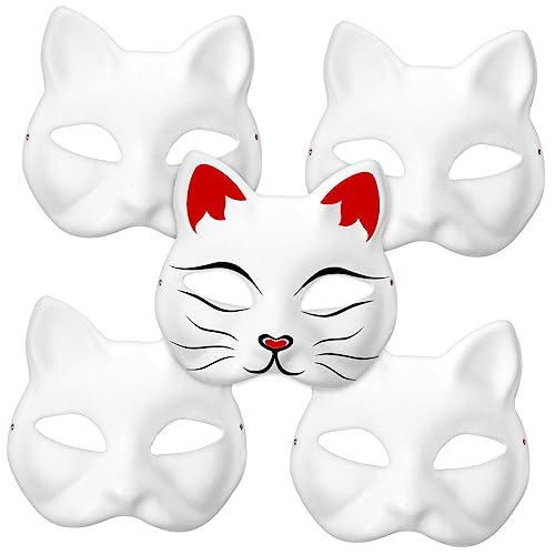 CATIEBYE 5 Stk Katze Gesichtsmaske Tierzeichnungsmaske Katzenmaske Für Kinder Basteln Mit Katzenmasken Diy Bemalbare Halloween-maske Unbemalte Bastelmaske Fuchs Halbmaske Ostermasken Papier von CATIEBYE