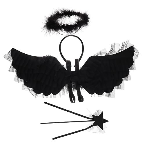 CATIEBYE Engel Flügel Engelsflügel Kostü Für 3 Teiliges Set Mit Schwarzen Federflügeln Heiligenschein Und Zauberstab Für Karneval Halloween Und Cosplay Perfektes Zubehör Für Kleine Engel Angel Wings von CATIEBYE