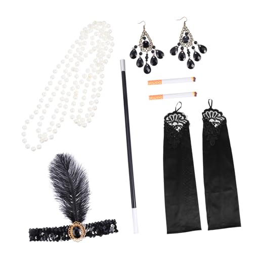 CATIEBYE Flapper Party Kostüm Damen Vintage Stirnband mit Schwarzer Handschuhe Perlenkette Ohrstecker und Klassischem Zubehör CATIEBYE Flapper Party Kostüm Damen Vintage Stirnband mit Schwarzer Handschuhe Perlenkette Ohrstecker und Klassischem Zubehör von CATIEBYE