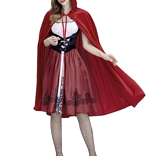 CAUYDY Damen Rotkäppchen Kostüm Prinzessinenkleid und Umhang mit Kapuze 2023 Erwachsene Karneval Cosplay Faschings Kostüme Halloween Festlich Partykleid Rot Märchen Verkleidung Outfits Bekleidung von CAUYDY