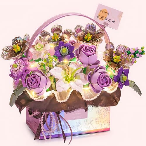 CAXIMSY Rose Bausteine Blumen Set, 1179 PCS Blumenstrauß Bausteine Botanik mit Led Lichtstreifen,Künstliche Blumen für Haus, Kreatives Valentinstag Mutter Frauen Mädchen Kinder lila von CAXIMSY