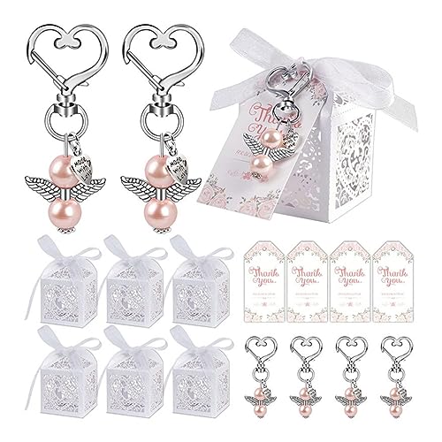 CAZSTYK 144 Stück Engel Schlüsselanhänger mit Taufgeschenkboxen Kraftpapier Legierung Schlüssel Ringe Anhänger Hochzeit Gastgeschenk für Tasche, rose, As detailed discription von CAZSTYK