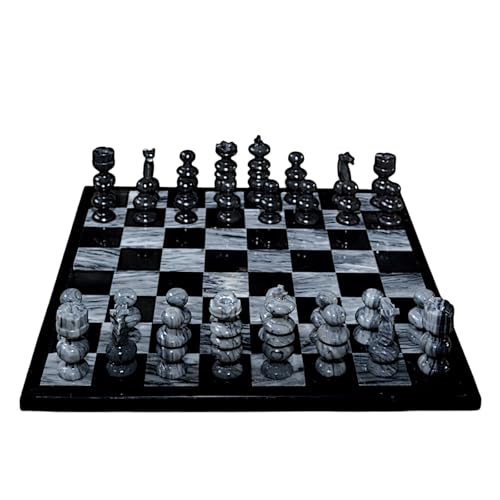 CBAM Schachbrett aus Marmor Schwarz und Grau Marmor Top Chess Set and Decorated Pawns 35 cm von CBAM