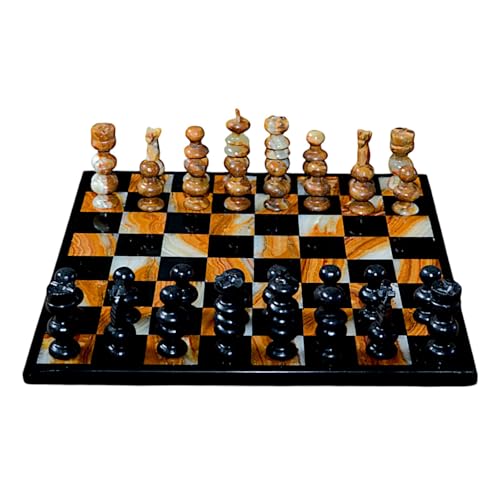 CBAM Schachbrett aus schwarzem Marmor und Onyx Marmor Top Chess Set and Decorated Pawns Home Decor Art Sculpture 35 cm von CBAM