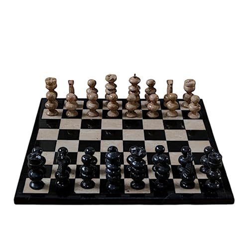 CBAM Schachbrett aus schwarzem Marmor und Travertin Marble Top Chess Set and Decorated Pawns Sculpture Marble Art Home Decor 35 cm von CBAM