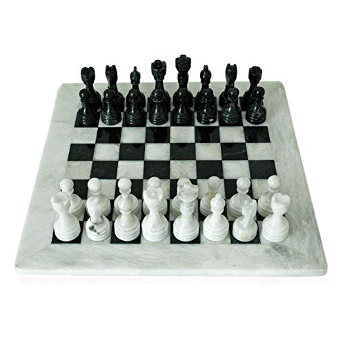 CBAM Schachbrett mit Fußrasten aus Marmor Weiß und Schwarz Natur Italienisch Marble Table Chessboard mit Pawns 40 x 40 cm von CBAM