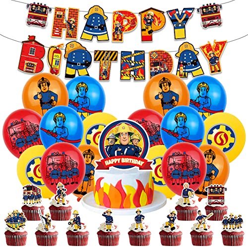 CBOSNF 30 Pcs Feuerwehrleute Sam Geburtstags Dekorationen Kinder Geburtstagsfeier Dekorationen Tortendeko Geburtstag Banner Firemen Sam Kuchen Topper Luftballons für Kinder von CBOSNF