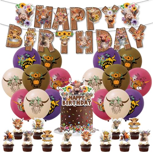 CBOSNF 30 Stücke Highland Cow Geburtstag Deko Bauernhof Party Luftballons Banner Kuchen Topper Partyzubehör für Bauernhoftiere Deko Kindergeburtstag von CBOSNF