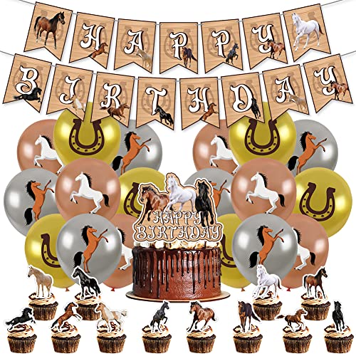 CBOSNF 32 Pcs Pferd Party Dekorationen Set Pferde Geburtstagsdeko Tiere Ballon Geburtstag Banner Cake Toppers Horse Luftballon für Kinder Geburtstag Dekoration von CBOSNF