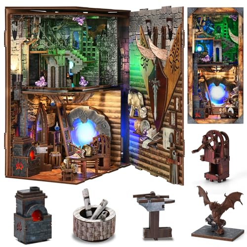 DIY Book Nook Kit, DIY Miniatur Puppenhaus Booknook Kit, 3D Holzpuzzle Buchstütze Bücherregal Einsatz Dekor mit LED-Licht für Teenager und Erwachsene (Klinge und Magie) von CCCDF