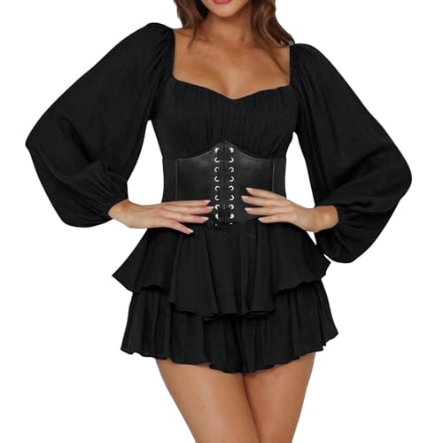 CCOOfhhc Piratenkostüm Damen Off Shoulder Strampler Kleid Einfarbige Langarm Rüschen Jumpsuit Shorts Elegant Chiffon Minikleid Kurz Boho Overalls Sommer Caual Playsuit Karneval Kostüm,Pirate Costume von CCOOfhhc