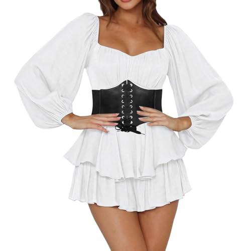 CCOOfhhc Piratenkostüm Damen Off Shoulder Strampler Kleid Einfarbige Langarm Rüschen Jumpsuit Shorts Elegant Chiffon Minikleid Kurz Boho Overalls Sommer Caual Playsuit Karneval Kostüm,Pirate Costume von CCOOfhhc