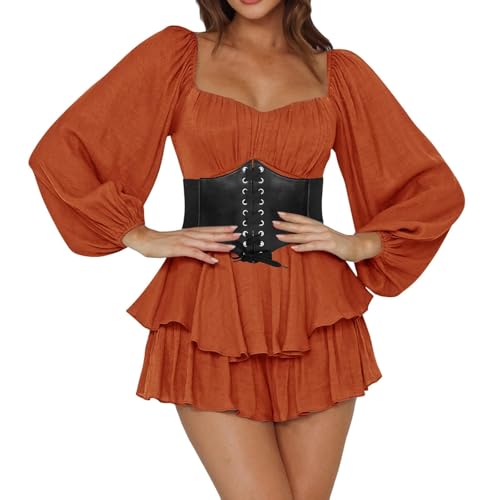 CCOOfhhc Piratenkostüm Damen Off Shoulder Strampler Kleid Einfarbige Langarm Rüschen Jumpsuit Shorts Elegant Chiffon Minikleid Kurz Boho Overalls Sommer Caual Playsuit Karneval Kostüm,Pirate Costume von CCOOfhhc