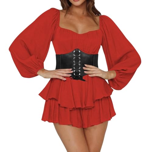 CCOOfhhc Piratenkostüm Damen Off Shoulder Strampler Kleid Einfarbige Langarm Rüschen Jumpsuit Shorts Elegant Chiffon Minikleid Kurz Boho Overalls Sommer Caual Playsuit Karneval Kostüm,Pirate Costume von CCOOfhhc