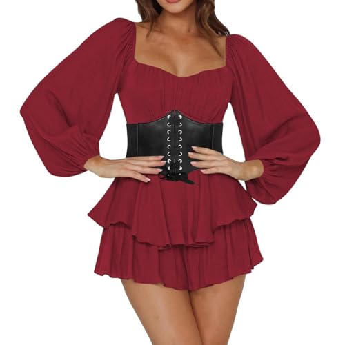 CCOOfhhc Piratenkostüm Damen Off Shoulder Strampler Kleid Einfarbige Langarm Rüschen Jumpsuit Shorts Elegant Chiffon Minikleid Kurz Boho Overalls Sommer Caual Playsuit Karneval Kostüm,Pirate Costume von CCOOfhhc