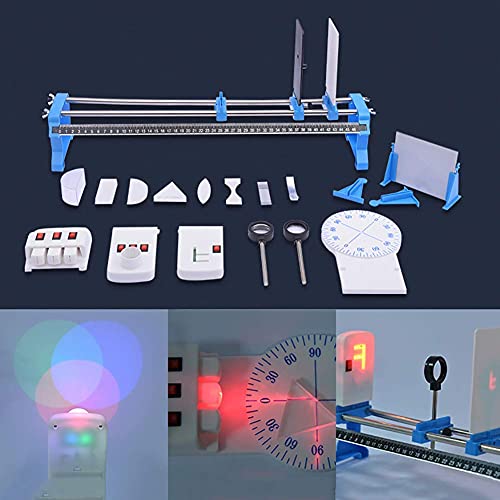 Der Experimentierkasten „Physikalische Optik“ für pädagogische Wissenschaftsmodelle enthält eine optische Experimentierplattform, mehrere Linsen, drei Primärfarblichtquellen, flache Spiegel und vers von CEDLSF