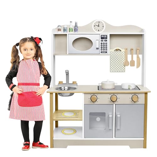 CEEDIR Kinderküche Holz Spielküche Puppenküche Set Kinder Playmobil mit Mikrowelle, Backofen, Spüle, Kochgeschirr und Gewürze Küchenset DIY Spielzeugküche für Kinder Geschenk 85x65x24cm von CEEDIR