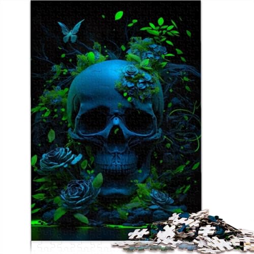 Puzzle Blauer Totenkopf grüne Blumen 1000 Teile Erwachsenenpuzzle Puzzles für Erwachsene Puzzles Lernspiel Herausforderungsspielzeug 1000 Stück (75x50cm) von CELFER