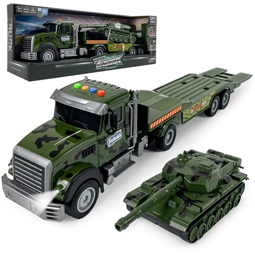 CELMAN Abschleppwagen Spielzeug - Militär Lastwagen mit Sound und Licht, Transporter LKW, Abschlepper Spielzeug mit Panzer, Fahrzeuge Spielzeug, Geschenk für Kinder 3 4 5 6 Jahre von CELMAN