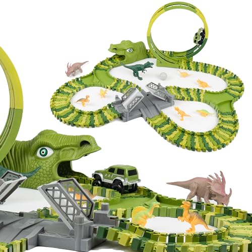 CELMAN Dinosaurier Spielzeug - Flexibles Rennbahn mit viele Teilen und Geländewagen, Autorennbahn Spielset für Kinder ab 3 4 5 6 7 8 Jahren Komplettset Geschenk (D-159) von CELMAN