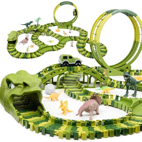 CELMAN Dinosaurier Spielzeug - Flexibles Rennbahn mit viele Teilen und Geländewagen, Autorennbahn Spielset für Kinder ab 3 4 5 6 7 8 Jahren Komplettset Geschenk (D-260) von CELMAN