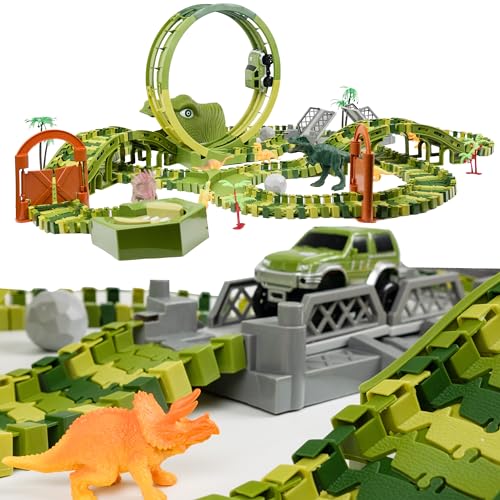 CELMAN Dinosaurier Spielzeug - Flexibles Rennbahn mit viele Teilen und Geländewagen, Autorennbahn Spielset für Kinder ab 3 4 5 6 7 8 Jahren Komplettset Geschenk (D-324) von CELMAN