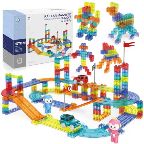 CELMAN Magnetische Bausteine Autorennbahn, 154 Stück Set 3D Magnet Bausteine Auto Rennbahn, Magnetbausteine Kinder mit 2 Spielzeugauto, STEM Lernspielzeug für Kinder ab 3 Jahren (154 Stück) von CELMAN