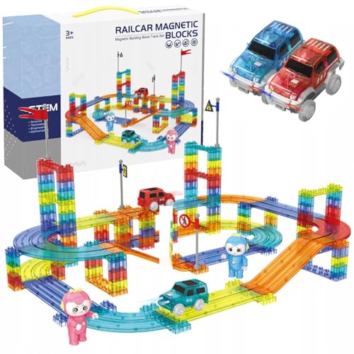 CELMAN Magnetische Bausteine Autorennbahn, 240 Stück Set 3D Magnet Bausteine Auto Rennbahn, Magnetbausteine Kinder mit 2 Spielzeugauto, STEM Lernspielzeug für Kinder ab 3 Jahren (240 Stück) von CELMAN