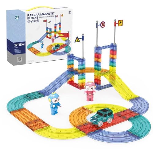 CELMAN Magnetische Bausteine Autorennbahn, 63 Stück Set 3D Magnet Bausteine Auto Rennbahn, Magnetbausteine Kinder mit Spielzeugauto, STEM Lernspielzeug für Kinder ab 3 Jahren (63 Stück) von CELMAN