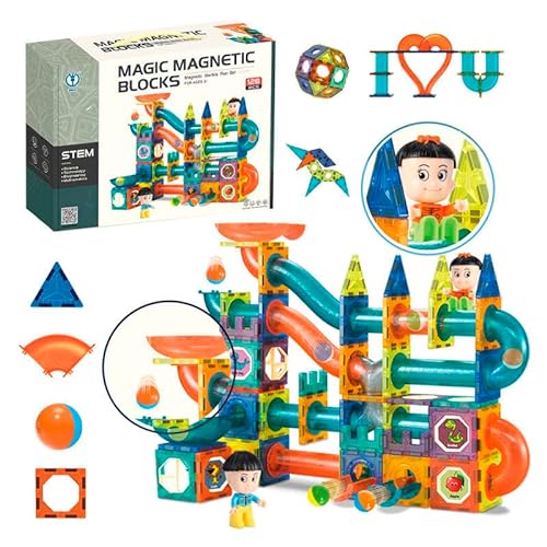 CELMAN Magnetische Bausteine 128 Teile Magnete Bauklötze Murmelbahn mit Zubehör, Montessori Spielzeug, Magnet Kugelbahn für Kinder ab 3 4 5 6 7 8 Jahre STEM Lernspielzeug Geschenk von CELMAN