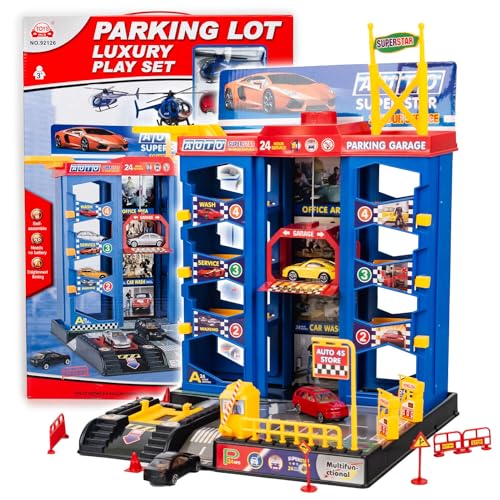 CELMAN Parkgarage Spielset für Kinder - Multifunktionale Spielzeugauto Parkhaus mit Aufzug und Werkstatt inkl. 3 Metall Autos, Helikopter und Zubehör, Spielzeug für Kinder ab 3 4 5 6 7 8 Jahren von CELMAN