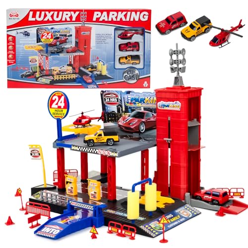 CELMAN Parkgarage Spielset für Kinder - Multilevel Spielzeugauto Parkhaus mit Handbetriebener Aufzug, inkl. 2 Metall Autos, Helikopter und Zubehör, Spielzeug für Kinder ab 3 4 5 6 7 8 Jahren von CELMAN