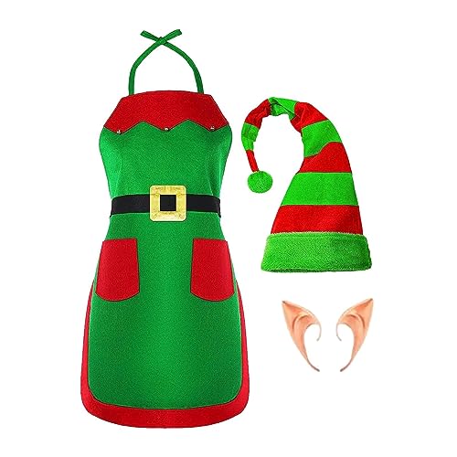 Elfenkostüm für Erwachsene,Rot und grün gestreifte Weihnachtselfen-Plüschmütze - Lustige Erwachsenen-Outfits für Party-Rollenspiele, weihnachtliche Küchen-Kochschürzen für Frauen und Erwachsene Cemeli von CEMELI