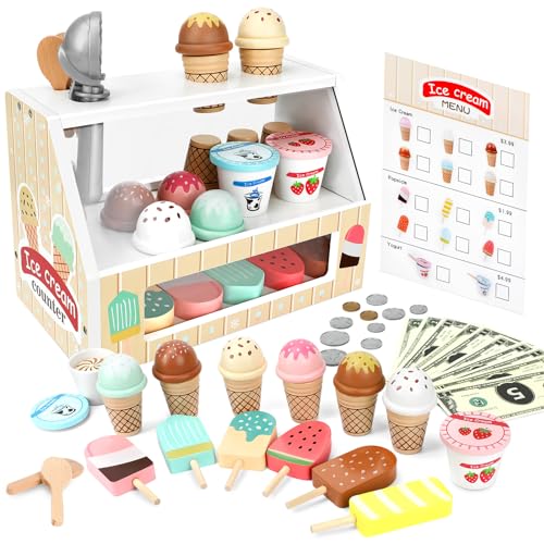 Eisdiele Kinder Holz Spielküche ab 3 Jahre Kinderküche Zubehör mit Spielgeld Eistheke Rollenspiele Einkaufsladen Kinder Montessori Holzspielzeug Geschenk für Jungen Mädchen(Eisdiele Set) von CERISIAANN