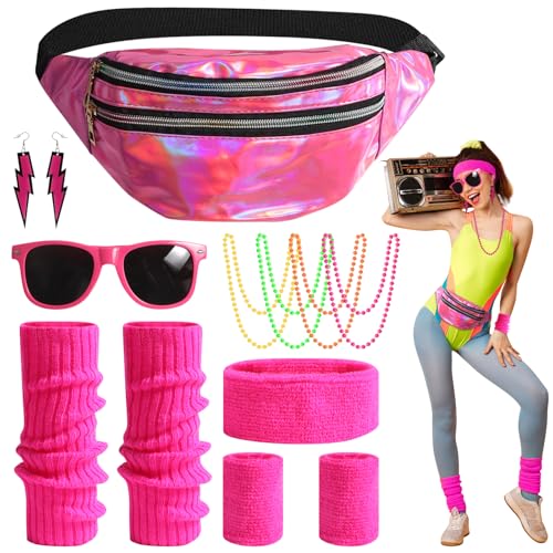 80er 90er Jahre Outfit Damen Set, 80er Jahre Party kleidung mit Gürteltasche, Neon Stirnband, 4 Halskette, Brille, Beinlinge, 80er Jahre Kostüm Neon Accessoires für Thema Party, Karneval, Fasching von CESHMD