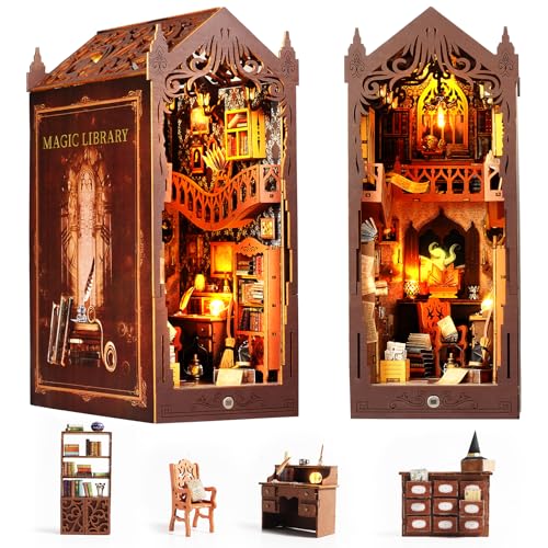 DIY Book Nook Kit, 3D Miniatur Haus Kit, Holzpuzzle Buchstütze Mit Sensorlicht und Möbeln, Puppenhäuser Miniatur Haus Kit für Bücherregal Deko, Kreativen Geschenken, Geschenk für Teen Erwachsene ab 14 von CESHMD