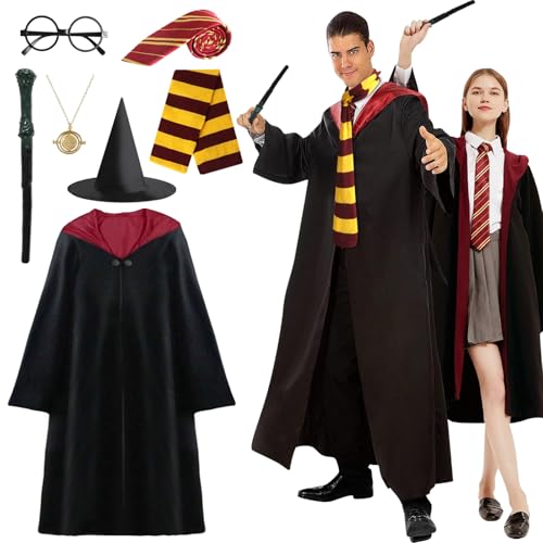 CESHMD Zauberer Cosplay Kostüm, 7 Pcs Magier Robe für Erwachsene mit Umhang, Hut, Zauberstab, Krawatte, Schal, Halskette und Brille, Unisex Uniform für Erwachsene Halloween Karneval Cosplay Kostüme von CESHMD