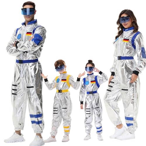 Astronauten Kostüm mit Brille und Gürtel Karneval KostüM Damen Astronaut Kostüm Herren Weltall Kostüm Cosplay KostüM für Halloween & Karneval Erwachsene Und Kinder Overall Outfit(Kinder,Blau,XXS) von CEWIFO