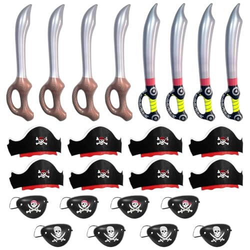 CEWROM 24 STK Pirates Kindergeburtstag Set, Piratenhut Aufblasbares Piraten Spielzeug, Piraten Augenklappe, Pirates Deko Accessoires für Halloween Maskerade Piratenparty Cosplay, für Junge Mädchen von CEWROM