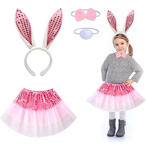 CEWROM 4-teiliges Hasenkostüm Set für Mädchen – Rosa Hasenohren Stirnband mit Fliege, Schwanz und Pailletten – Perfekt für Kindergeburtstagsfeier, Karneval, Cosplay und Mädchen-Dekoration von CEWROM